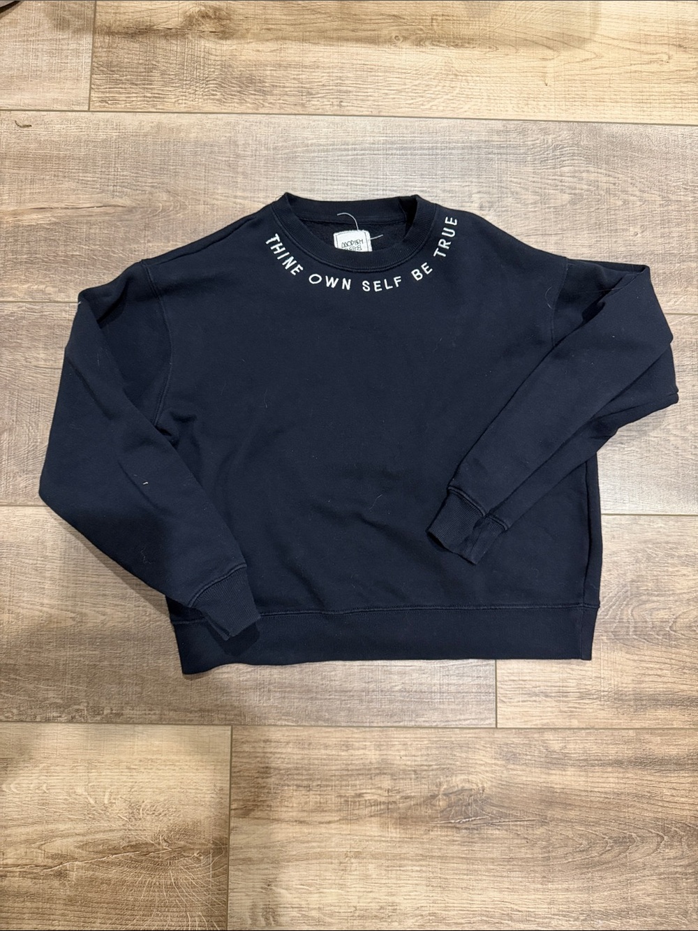 Black Crewneck Sweatshirt with 'Thine Own Self Be True' Neck Detail